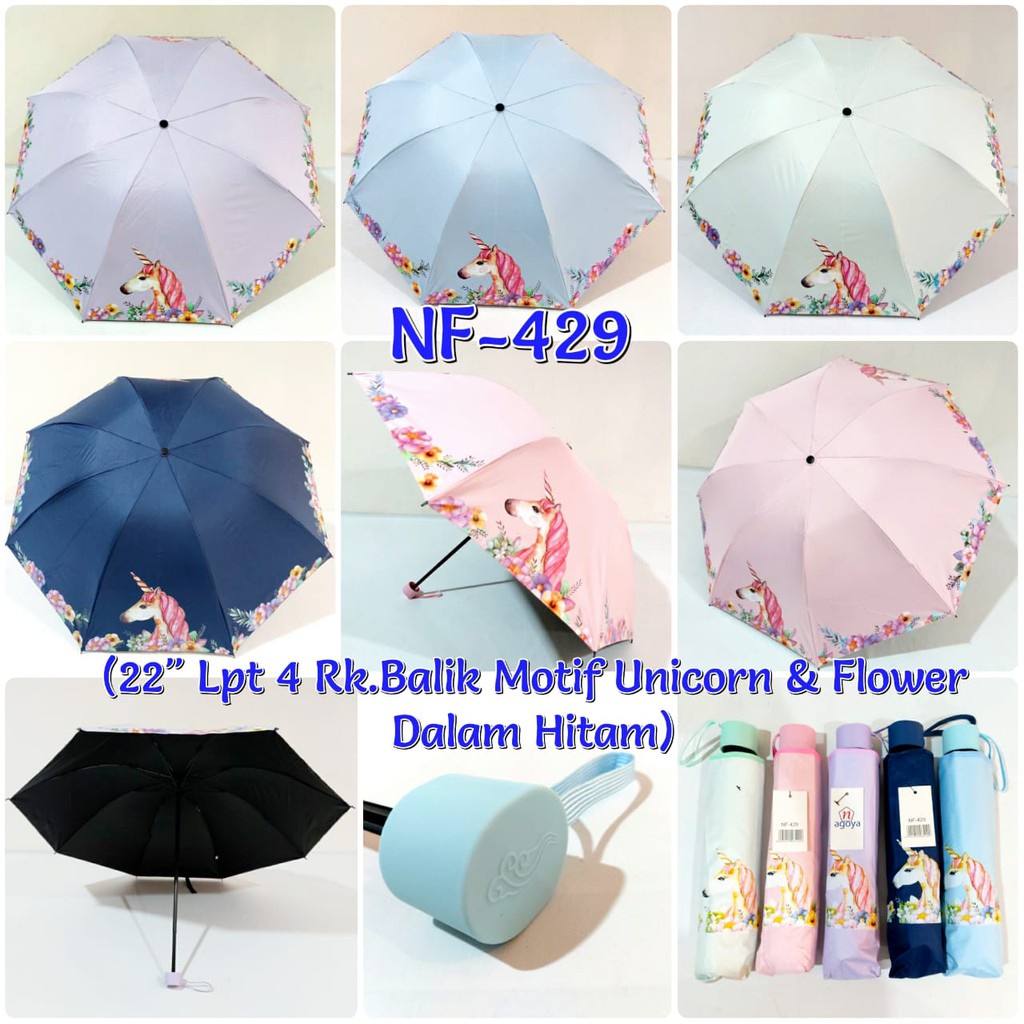 Nagoya NF 429 Payung Lipat 4 Motif Unicorn & Flower Dalam Hitam