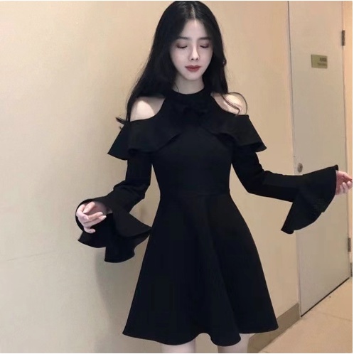 Cold Shoulder Mini Black Dres with Long Sleeve - Dress Casual Kasual Lengan Trompet / Dress Import I