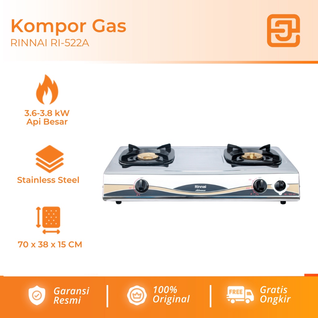 Kompor Gas Rinnai RI-522A / RI 522 A / RI522A Kompor Rinnai 2 Tungku Stainless Steel