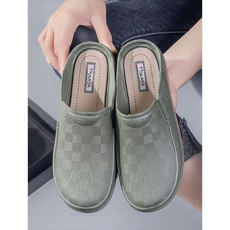 8A. Sepatu Slop Jelly Karet Bakpao Wanita Motif Catur L.V Casual Formal Super Kece Kekinian Import M