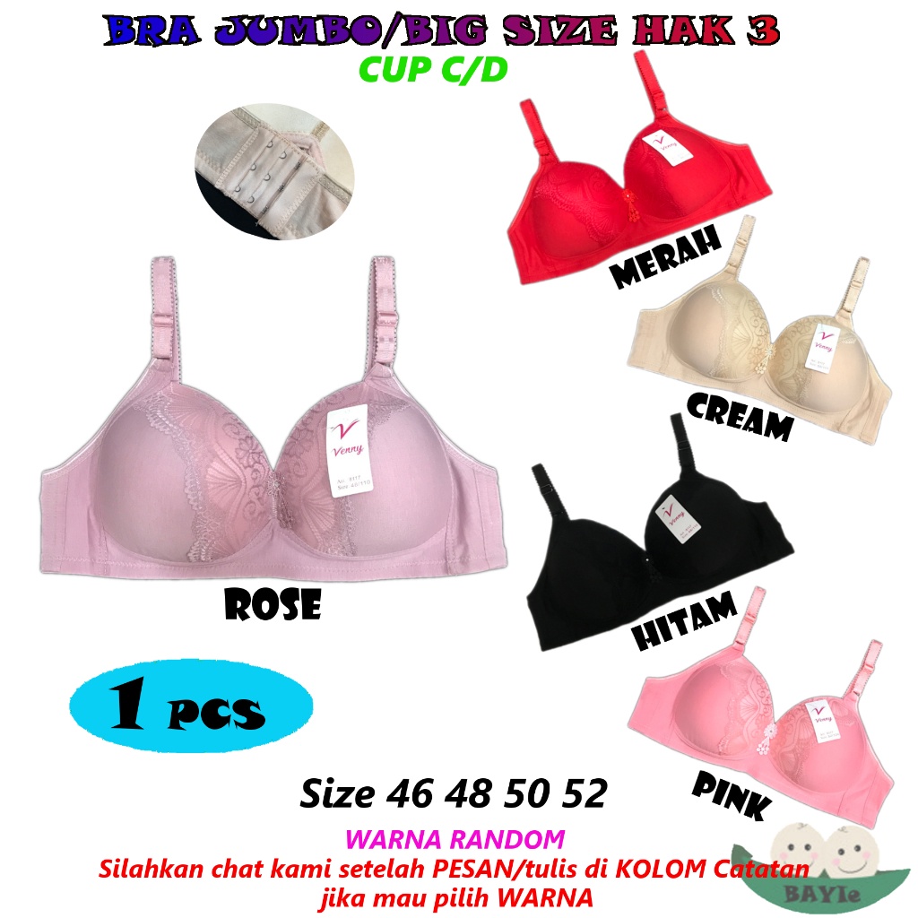 BH / Bra Wanita Cewek JUMBO/BIG SIZE VENNY DD8117 Cup C/D dan Busa Sedang Tanpa Kawat Kaitan 3 Size 