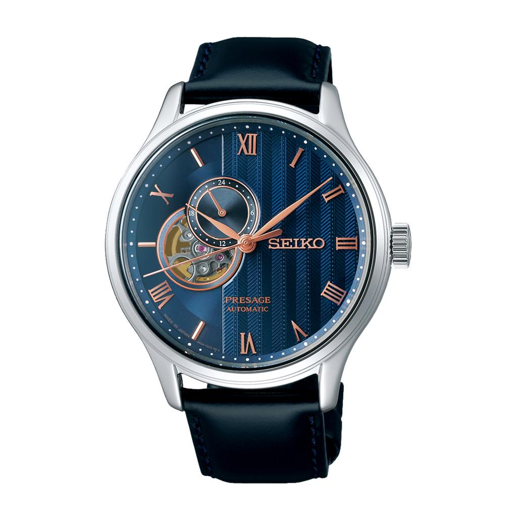 Jam Tangan Pria Seiko Presage SSA421J1 Zen Garden Sakura Automatic Open Heart Blue Dial Black Leathe