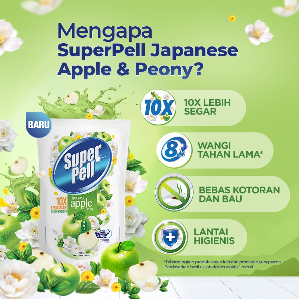 SuperPell Japanese Apple &amp; Peony Pembersih Lantai Wangi 10X Lebih Segar Lantai Bersih Kinclong Cepat Kering, 1600mL (Isi 6)