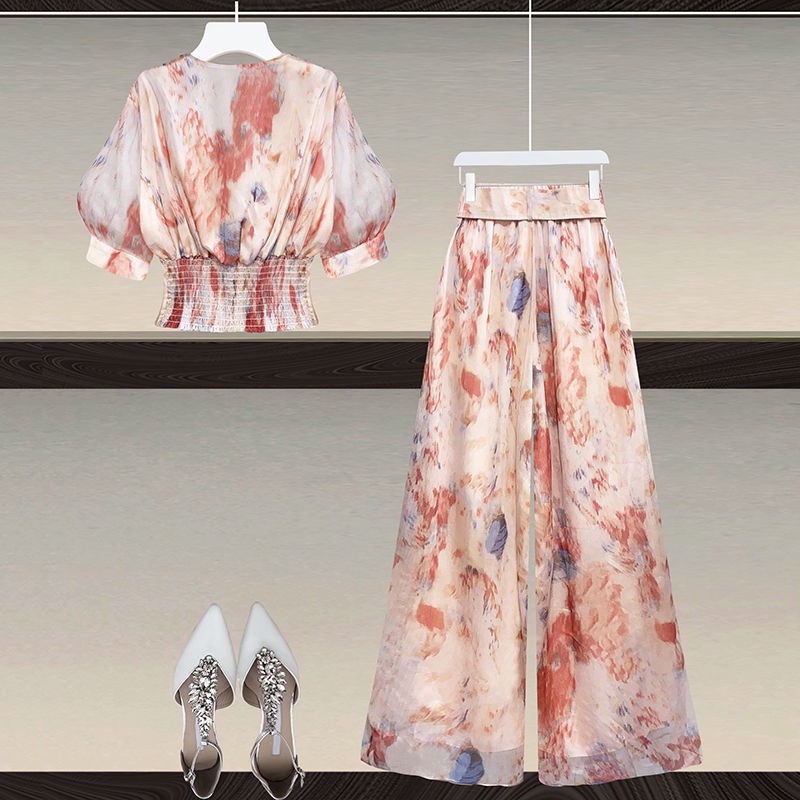 French chiffon wide leg pants set