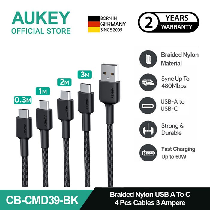 AUKEY Kabel Charger ( 4pcs ) USB A To USB-C Braided Nylon CB-CMD39 3A