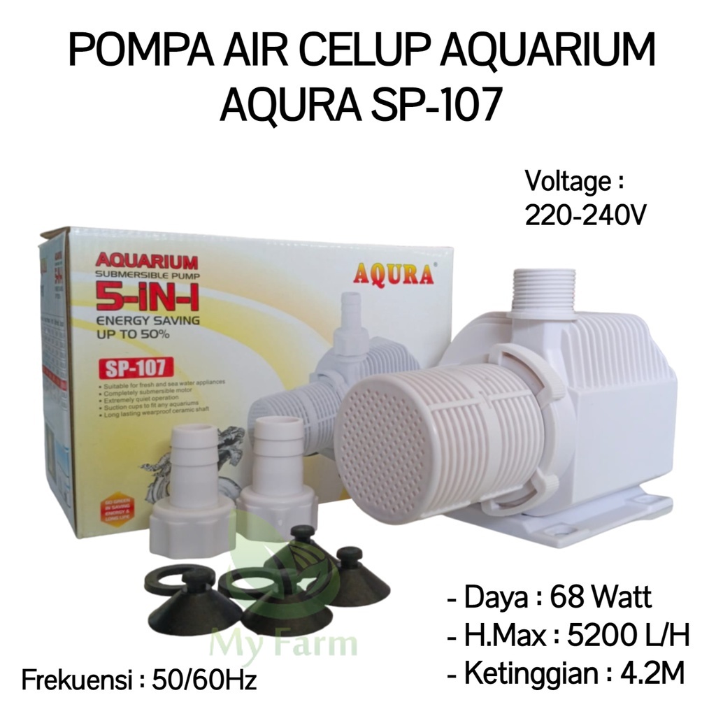 Aqura Sp 107 Pompa Air Celup Aquarium /Pompa Kolam Ikan Koi Besar Hidroponik 5200 Liter Per Jam Hema