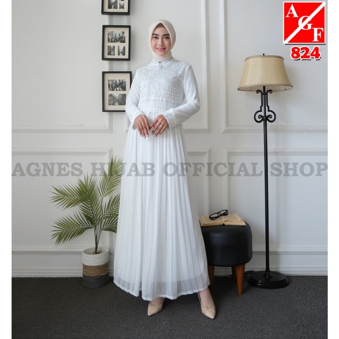 Agnes Gamis Putih Wanita Gamis Plisket Brukat Baju Muslim Wanita Busan - XL