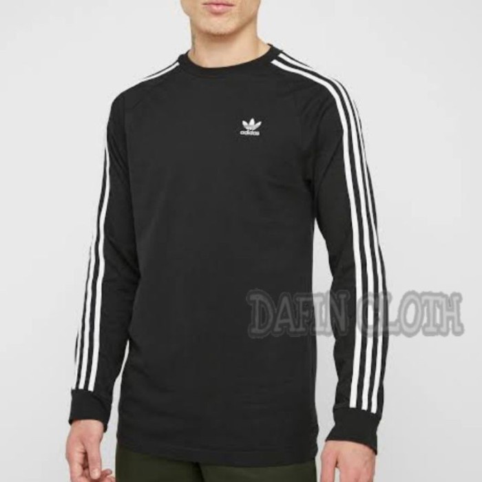 ✨BISA COD✨ -Kaos Pria Baju Tshirt Lengan Panjang Long Strip Adidas Davs - Putih, L Kaos Keren Kaos I