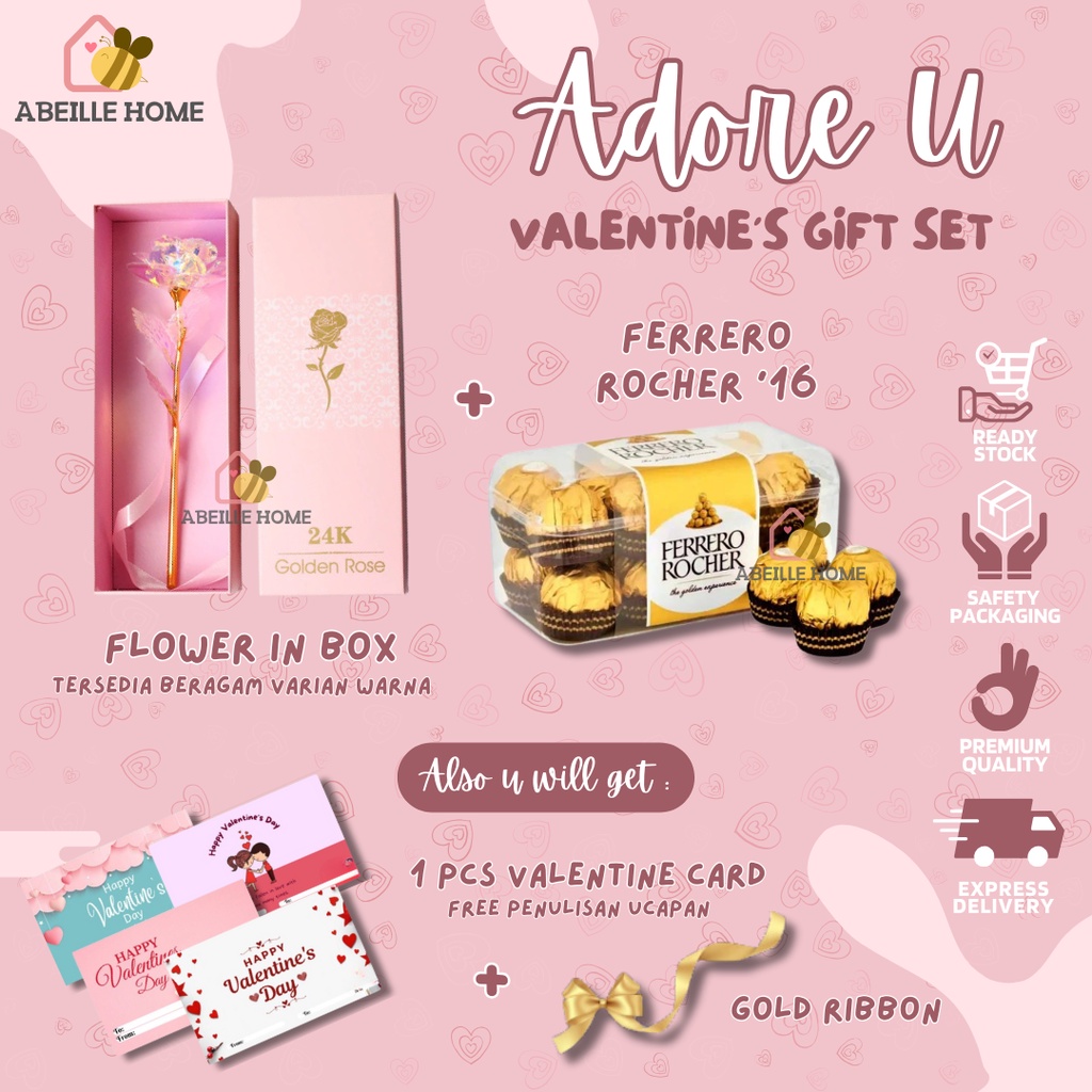 Valentines Gift ADORE YOU Set Hampers Bunga dan Cokelat Ferrero Rocher Free Kartu Ucapan dan Pita