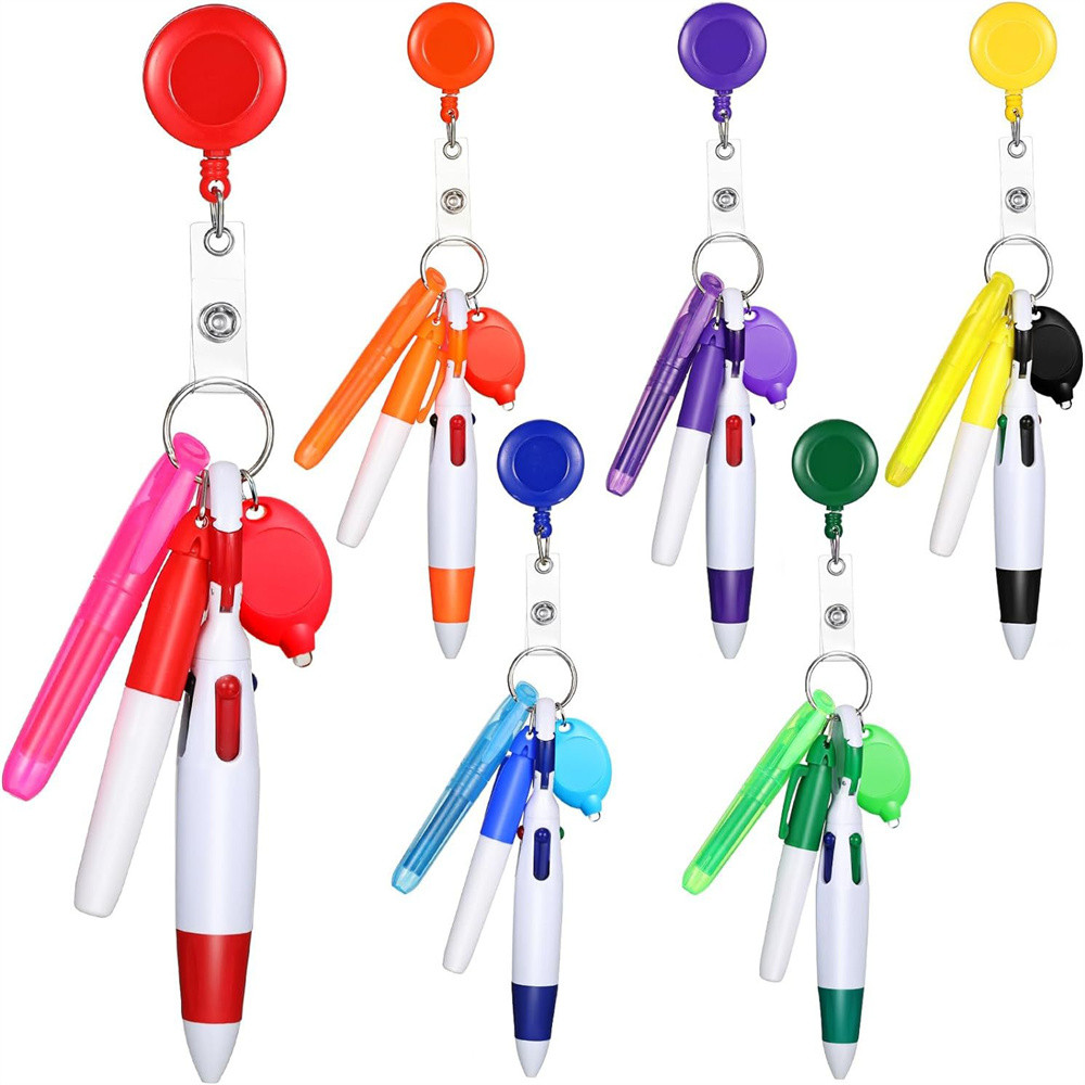 

5-In-1 Nurse Pen Set Badge Reel Retractable Id Badge Holder With Multicolor Pen Marker And Light Keychain Badge Clip Name Holder