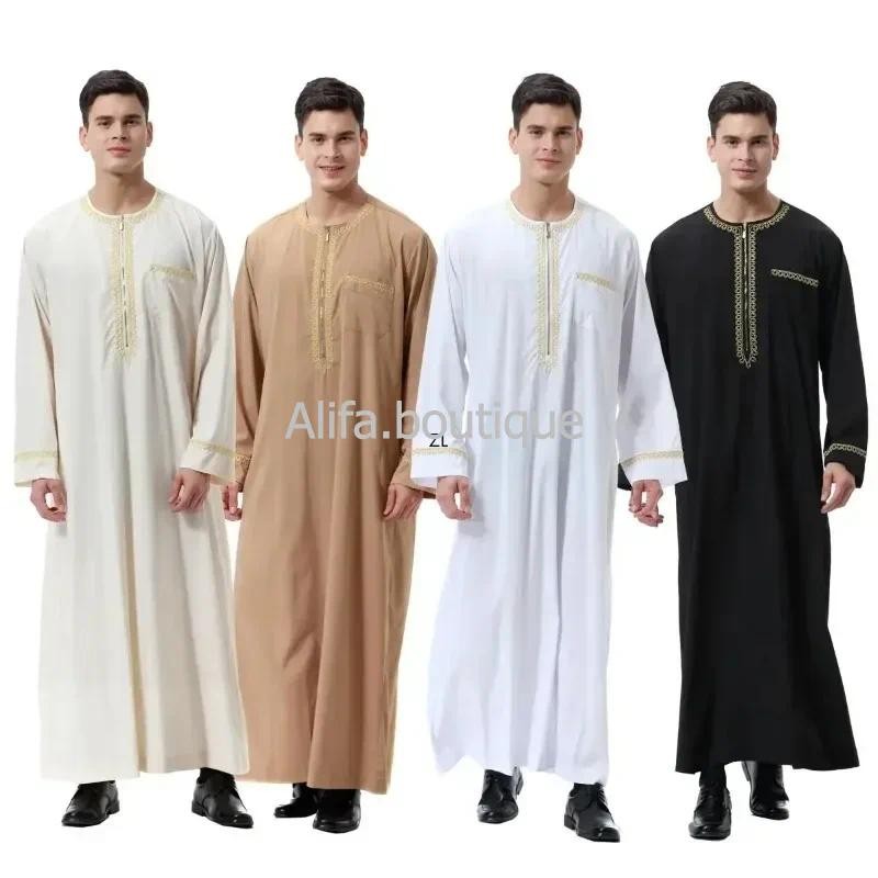 Muslim Mens Jubba Thobe Abaya Dresses Zipper Long Robe Saudi Caftan Dubai Arabic Eid Ramadan Traditi