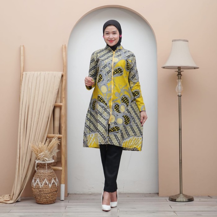 Baju Batik Wanita Tunik Modern Terbaru Kuning Lemon #10