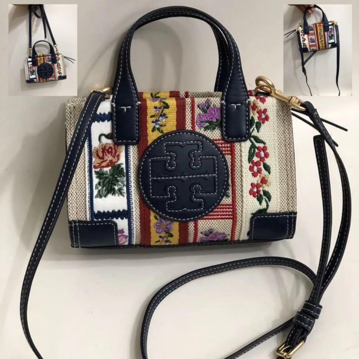 VS Tas Tory Burch 75206 Ella Webbing Patchwork Micro Tote Bag -Royal Navy Vvs
