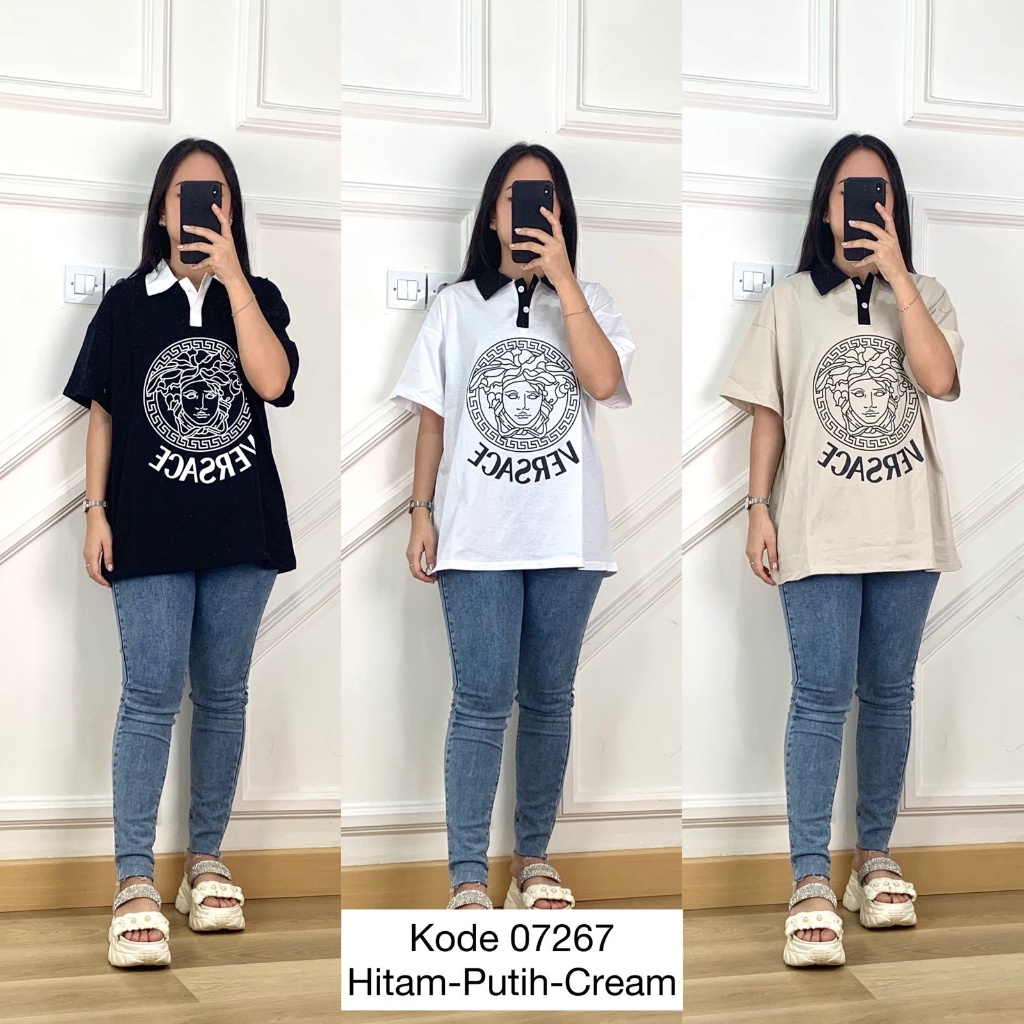 ATASAN KAOS OVERSIZED V3RS4C3 CLASSIC FASHION KERAH MOTIF SABLON DEPAN TANGAN PENDEK PREMIUM WANITA 