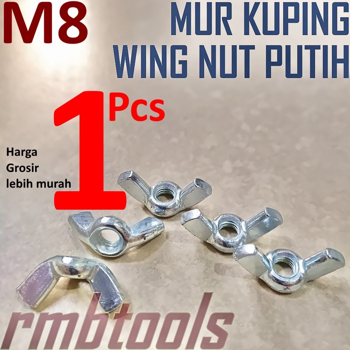 Wing Nut Putih Besi M8 Pitch 1.25 / Mur Kupu-Kupu Kuping Putih M8