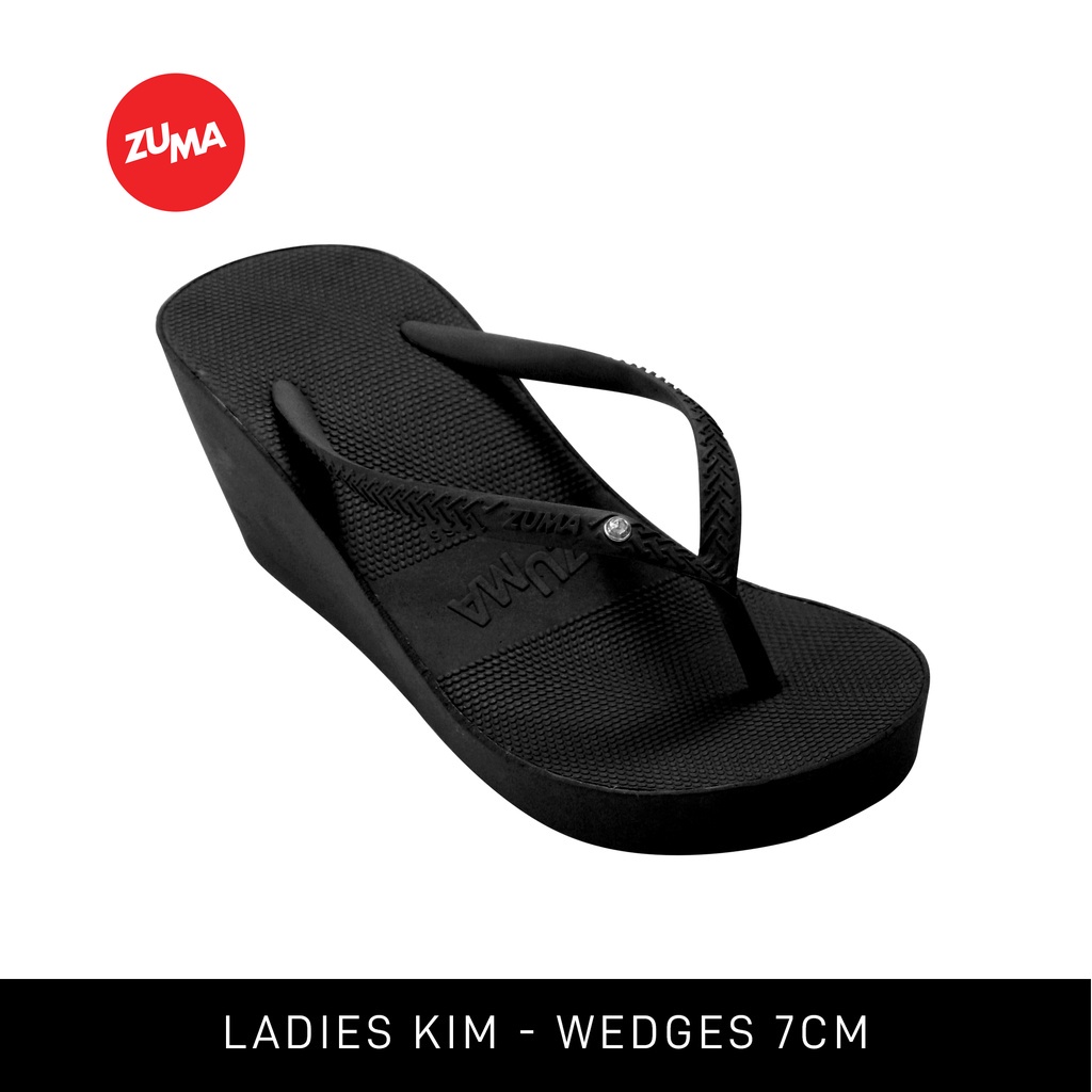 Zuma Women Kim 2 Jet Black, Sandal Jepit Wanita Wedges Karet Polos, Hitam