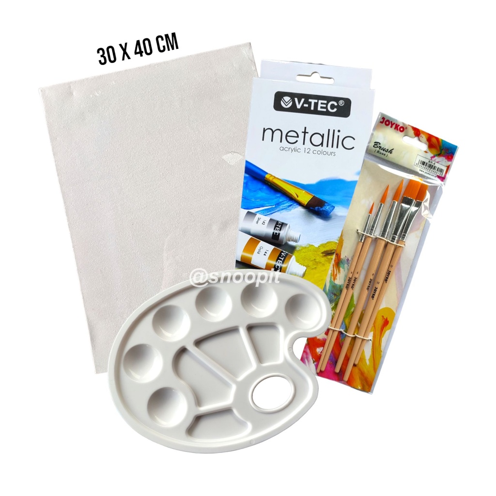 

Paket Melukis Lengkap Set 4 in 1Jumbo Set Kanvas 30x40 Kuas Palet dan Cat Acrylic Metalic Set - SHESB