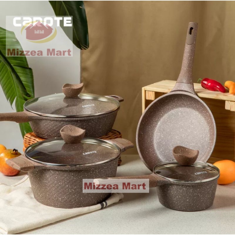 MizzeaMart Carote Set Terra Brown Saucepan Fry Pan Casserole Deep Fry Pan Paket Lengkap