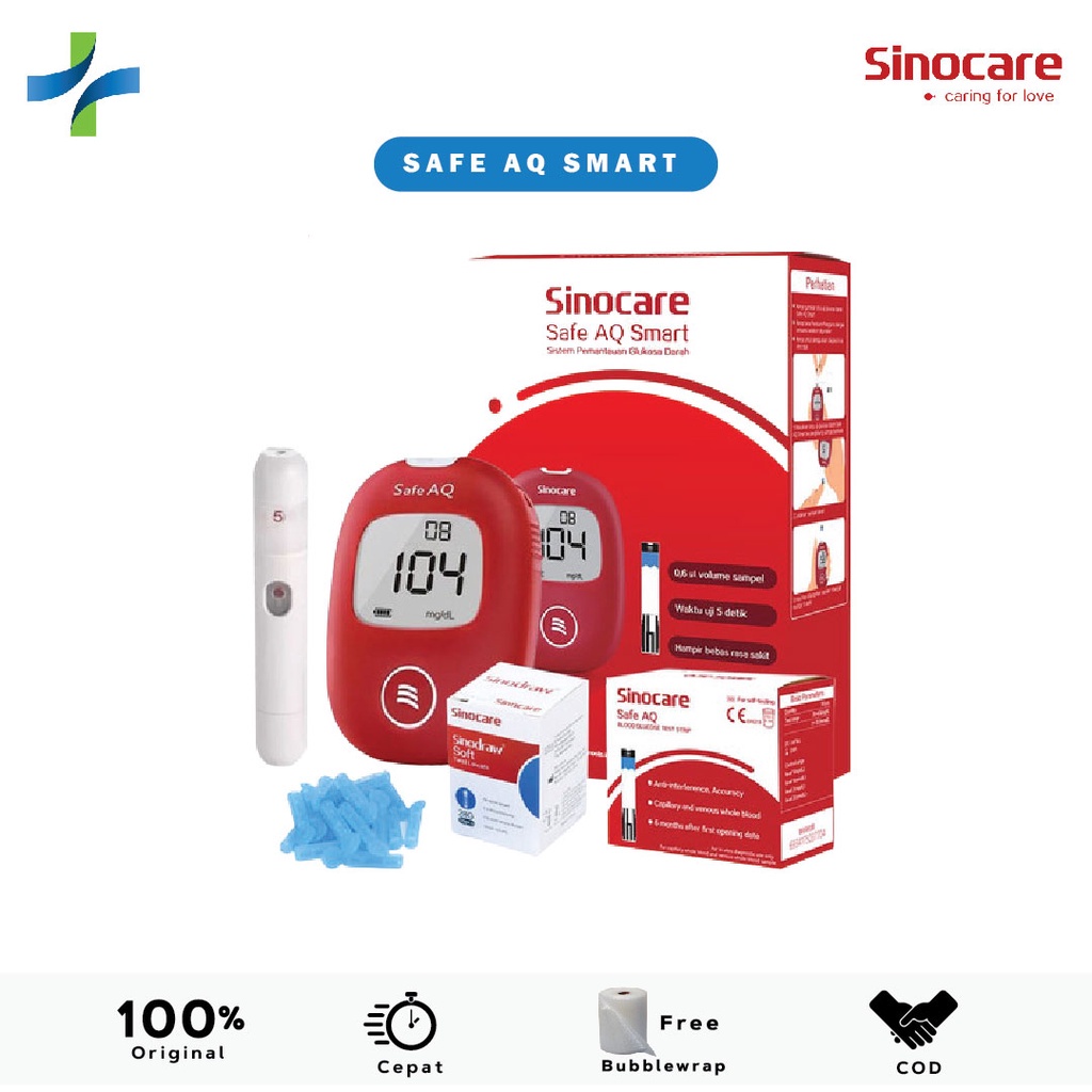 Sinocare Safe AQ Smart Alat Cek/ Ukur/ Tes Gula Darah Paket Lengkap
