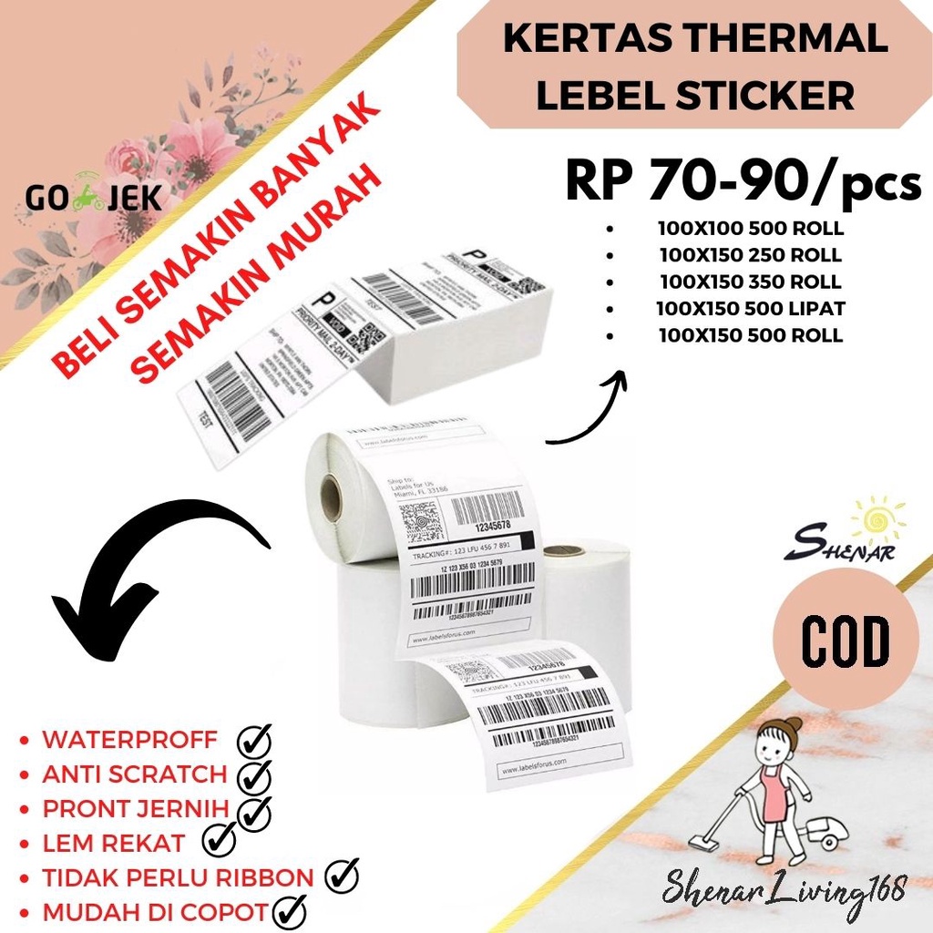 

lebel 100x150 Isi 500pc /Thermal Paper Roll/Lipat Lebih Tebal shenar