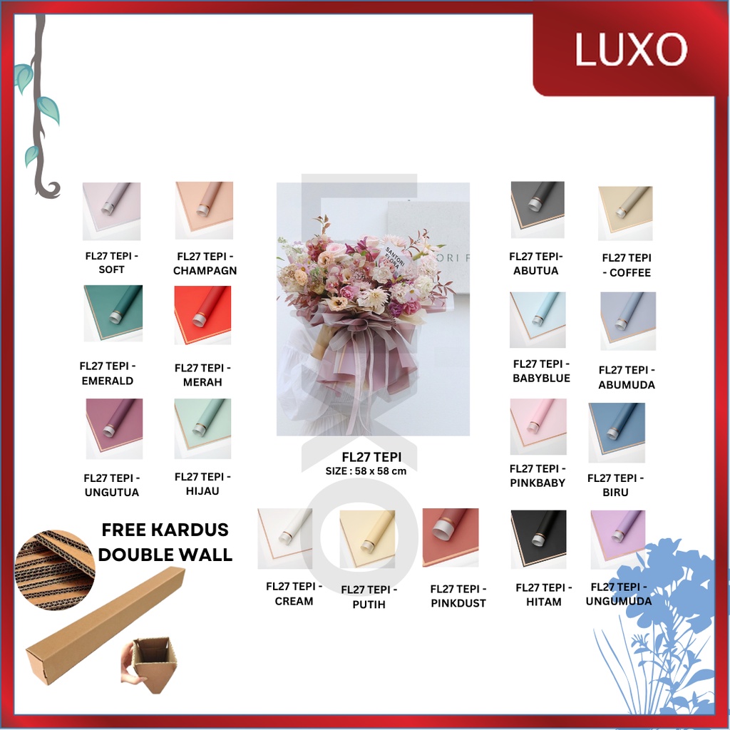 

LUXO - (5 LEMBAR) - FL27 TEPI Kertas Bunga Paper Buket Motif Lis Gold Pinggir Transparant Florist Cellophane Wrapping