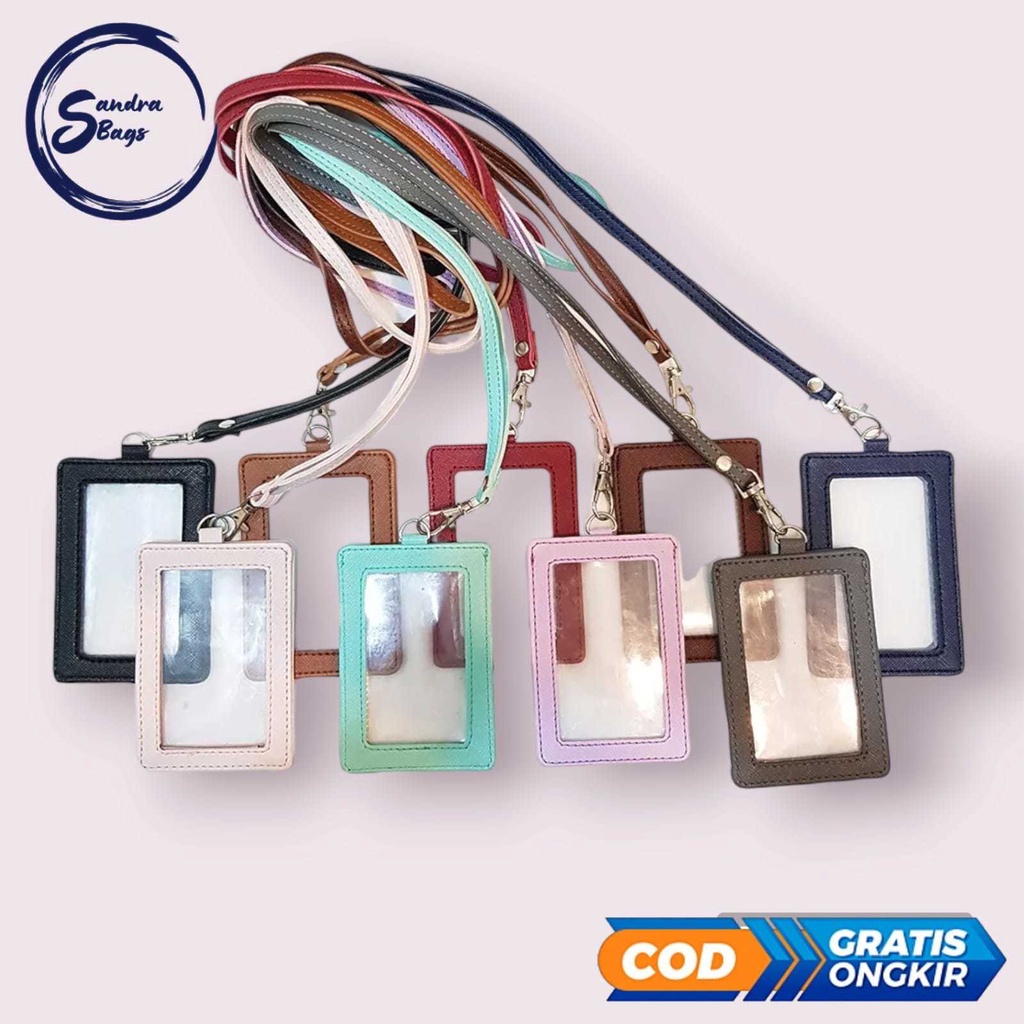 

SB ID Card Holder Plastik Bolak Balik Dua Sisi Transparan Kulit PU lanyard Pria Wanita