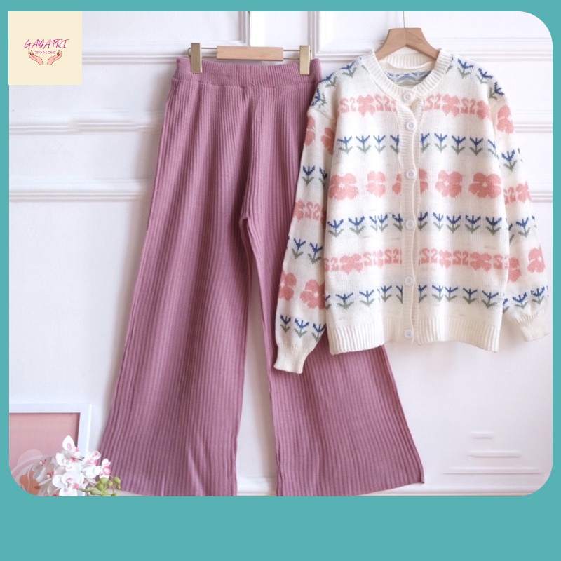 One Set Kekinian / IL - Setelan One Set Wanita Knit Resme FLOWER Kulot Hornet Wanita / Set Cardigan 