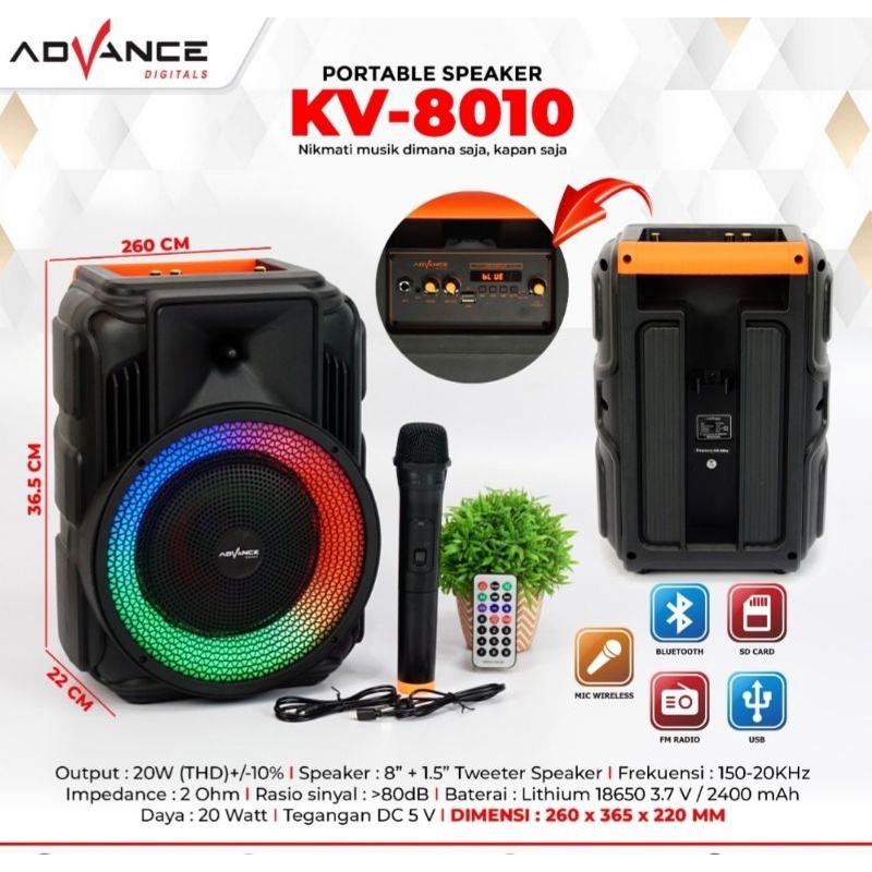 Advance KV8010 Speaker Bluetooth Portable Ukuran 8 inch Free 1 Microphone Wireless
