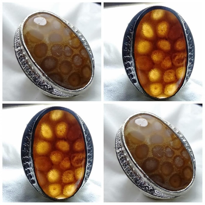 Cincin Batu Akik Motif Gambar Bunga Teratai Tawon Antik 8