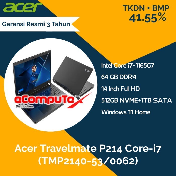 Laptop Acer Travelmate P214 (TMP2140-53/0062) i7 64GB 512GB+1TB - TKDN