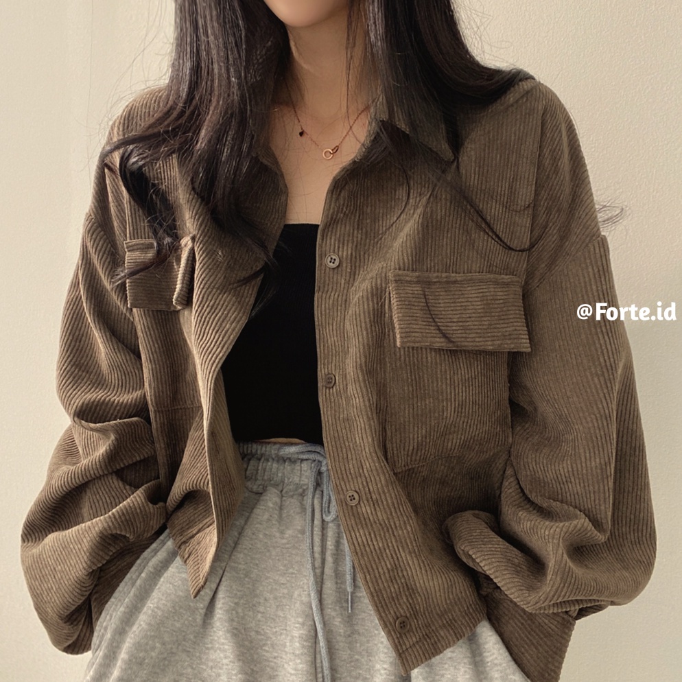Corduroy Wanita Outer Jaket Crop Corduroy Wanita Outer Crop Jacket Hitam Gaya Retro Korea Outer Crop