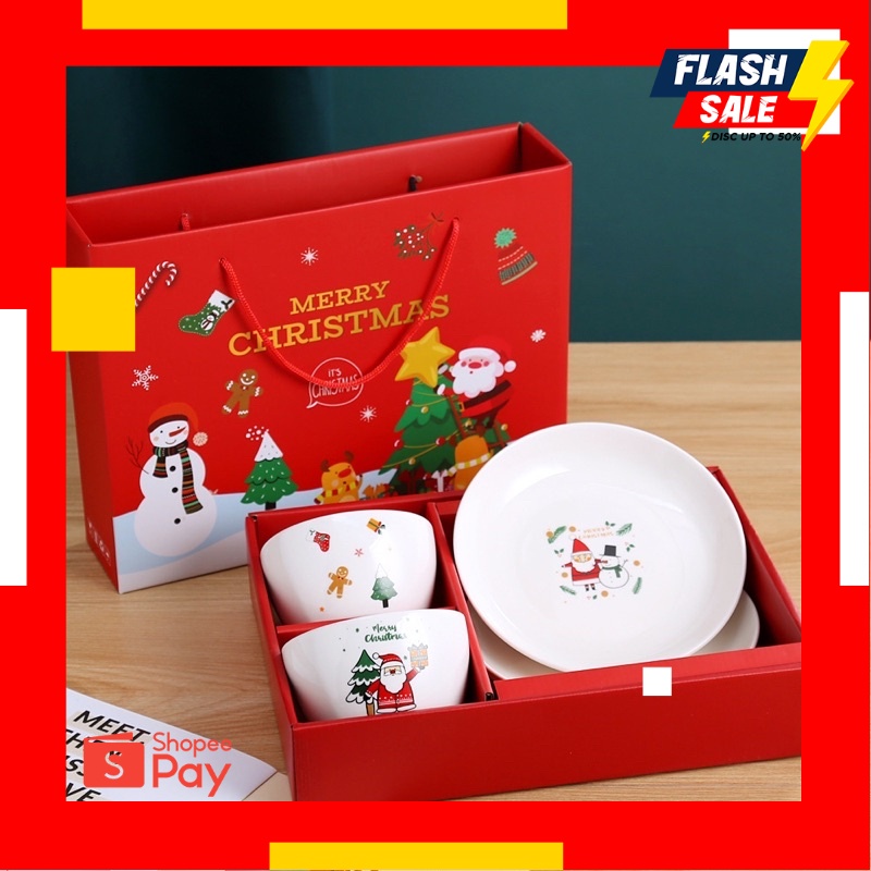 

12.12 SALE |Christmas Gift Bowl Plate set Paket Hadiah Natal 2 mangkok 2 piring keramik pakai tas