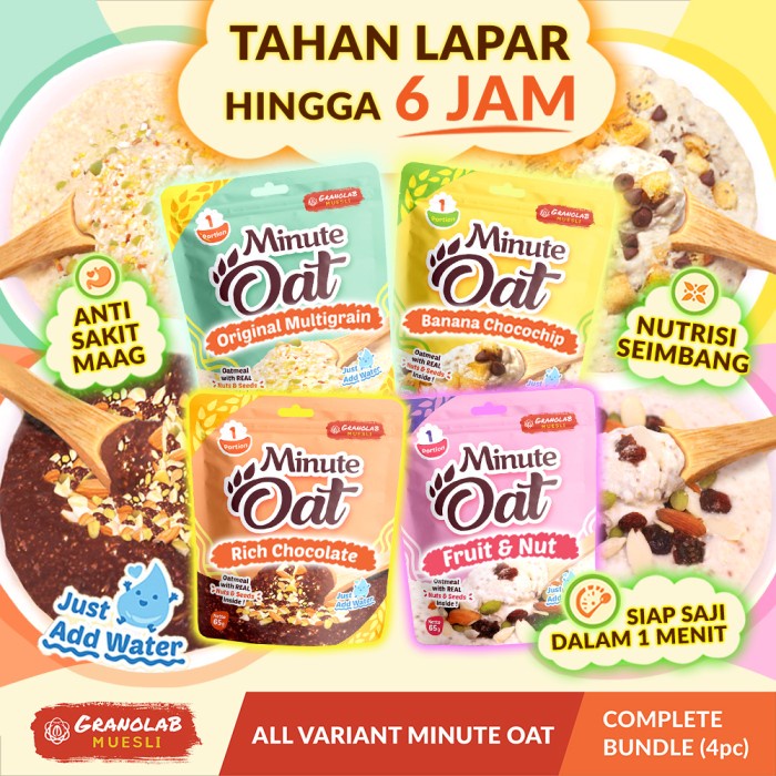 

BEST SELLER- Instant Oatmeal MINUTE OAT Granolab Muesli all variant isi 4pcs x 65gr - MixAllVar_4pc