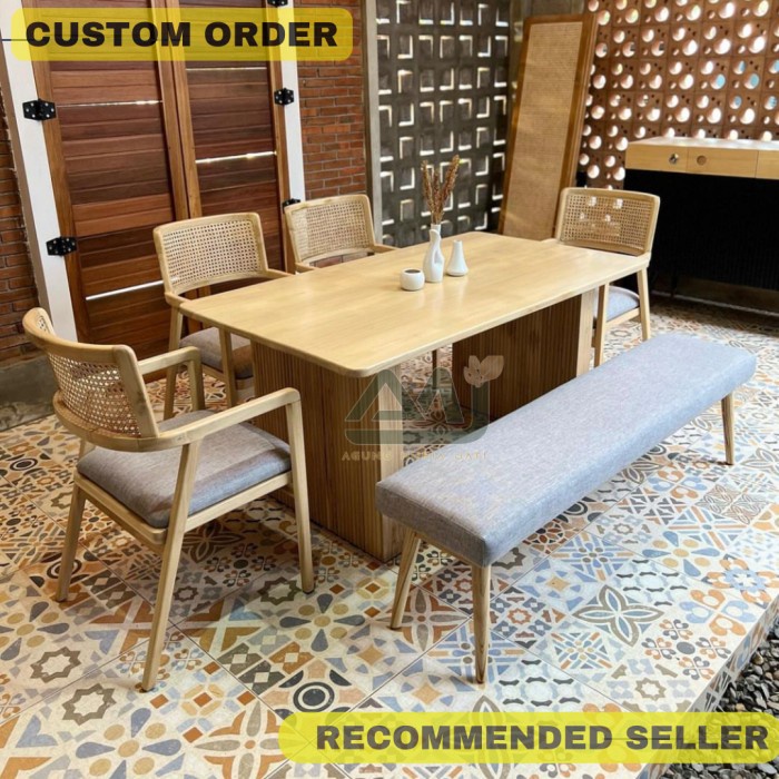Meja Makan Minimalis Modern Rotan Kayu Jati Asli