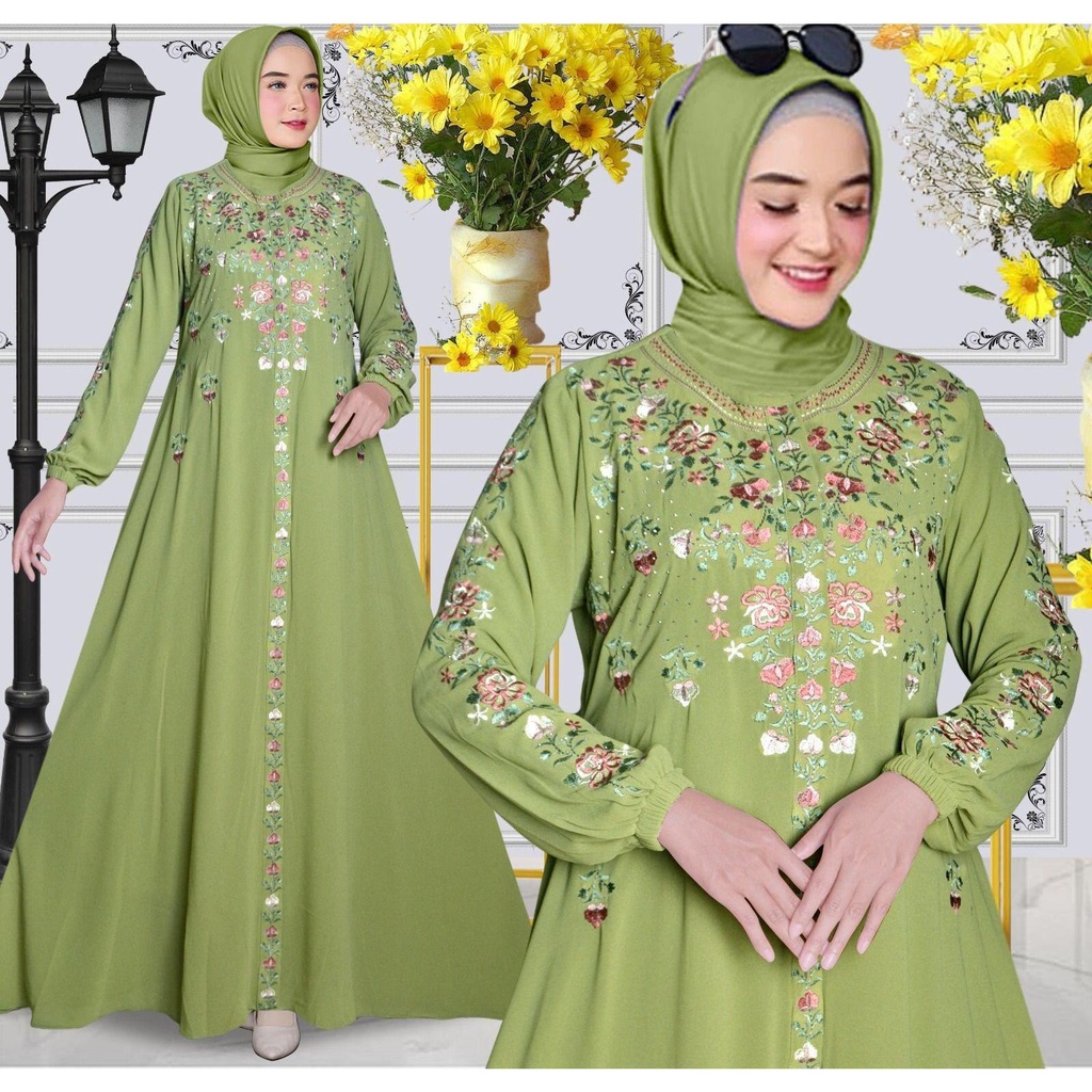 GAMIS SERUTY BORDIR HIJAU DAUN