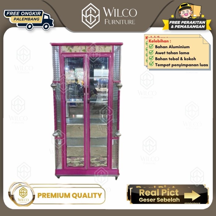 Lemari Hias 2 Pintu Almuminium Pink Rak Kaca / Lemari Pajang Kaca GM