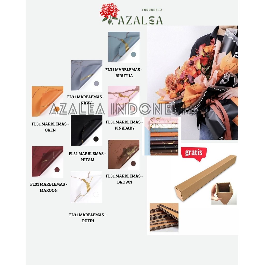 

AZALEA - (5 LEMBAR) - FL31 MARBLEMAS Kertas Bunga Paper Buket Motif Marble Emas Florist Kado Cellophane