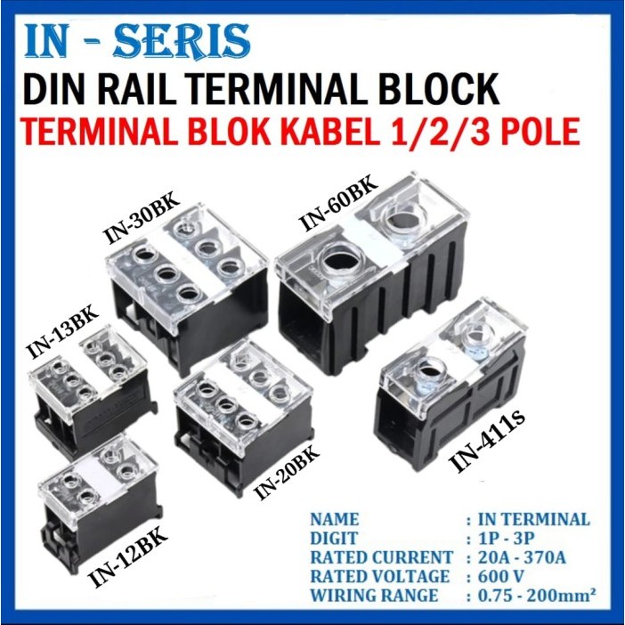 SS3 Terminal Block Blok Din Rail 600V IN12BK 13SBK/BK 20BK 30BK 60BK 411S  IN12BK TOOL PART