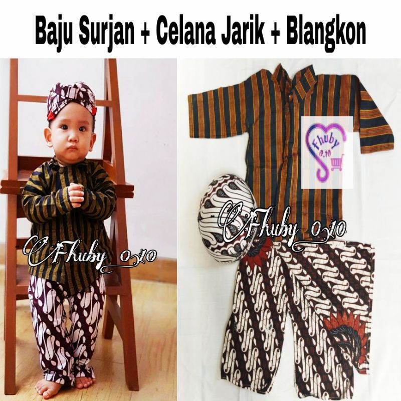 LURIK Setelan Surjan Lurik Anak - Baju+Celana Jarik Putih+Blangkon - Baju Adat Anak