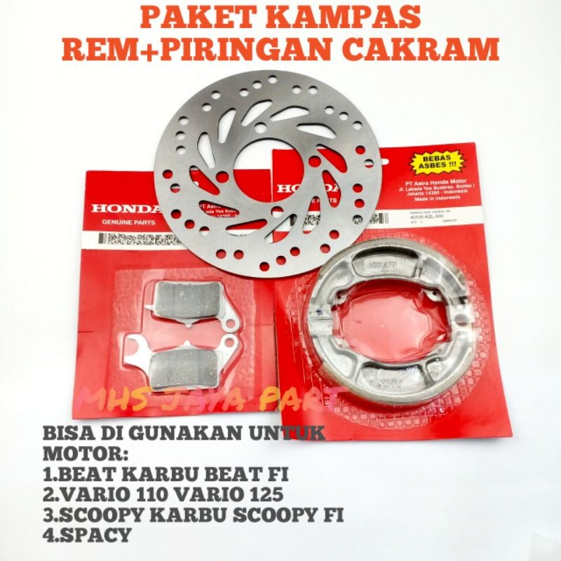 PAKET SISTEM REM BEAT VARIO SCOOPY SPACY PIRING CAKRAM BEAT+KAMPAS REM DEPAN BELAKANG BEAT VARIO SCO