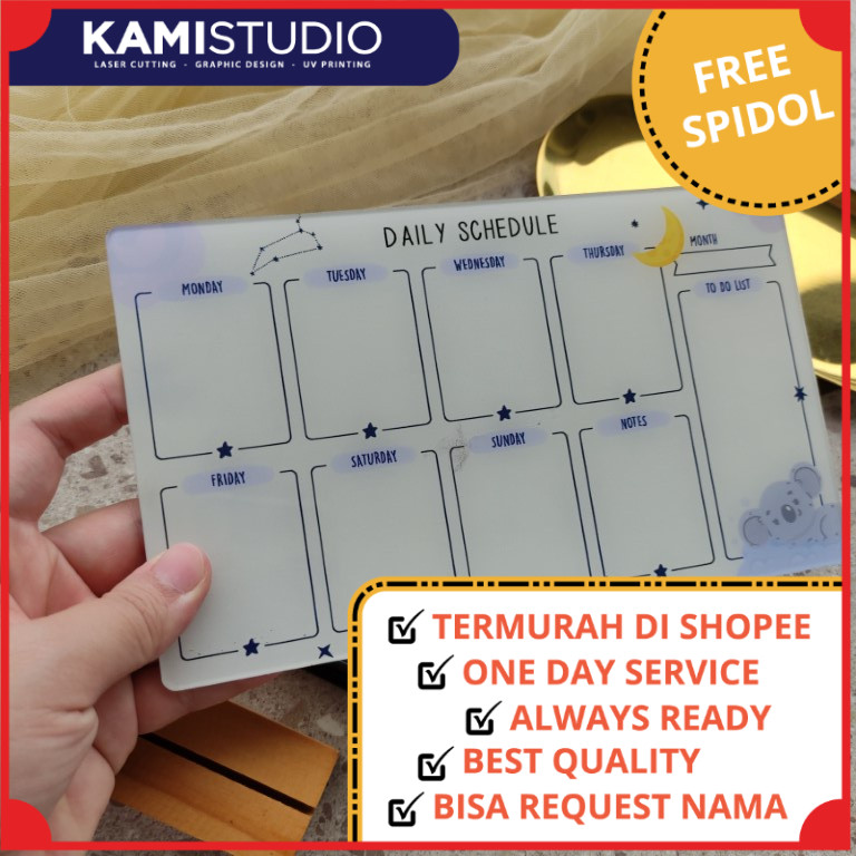 

Acrylic Schedule Board /Akrilik Papan Jadwal /Papan Akrilik untuk mencatat les /Planner anak /acrylic planner les anak /akrilik planner souvenir ultah anak / akrilik planner untuk anak / acrylic planner / to do list anak