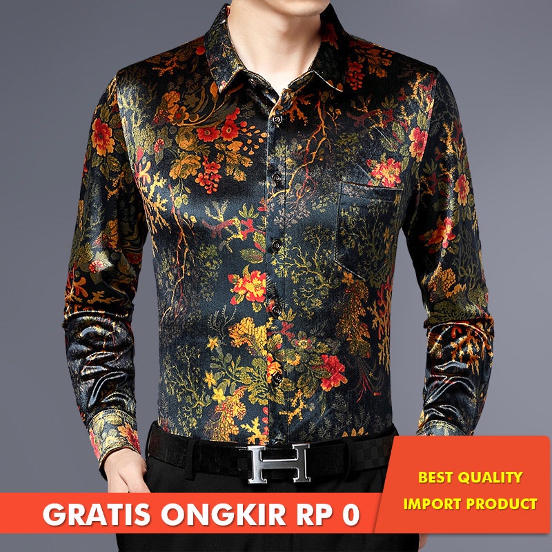 Kemeja Korea Pria Lengan Panjang Tren Beludru Motif Bunga Emas Bersaku Saku Asli Usia Ukuran Besar I