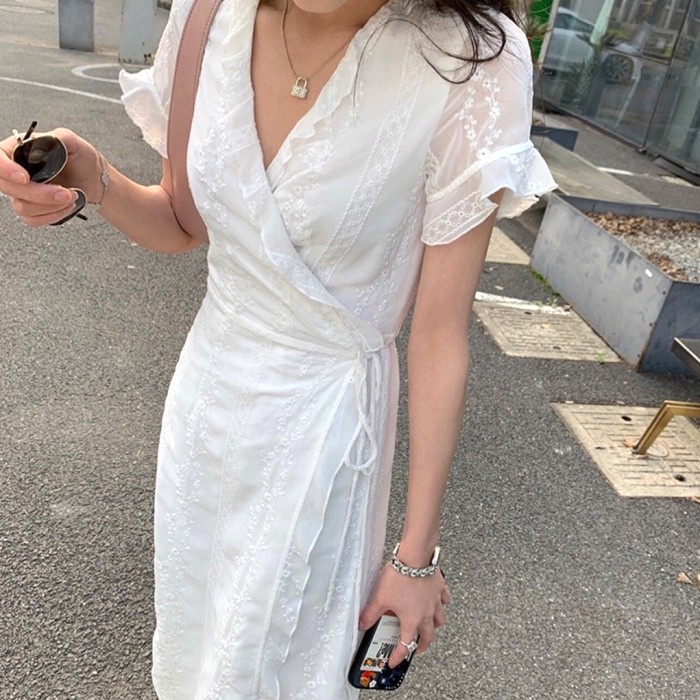 Midi Dress Flowy Ruffle White Classy Elegant Summer Korean Look TNF