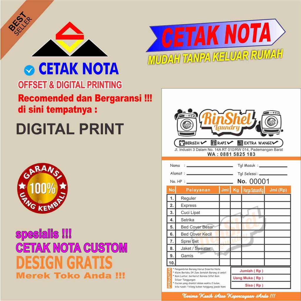 

Cetak Nota cutom 3 ply ada nomor seri NOTA (1/4F diforforasi 4 BUKU)