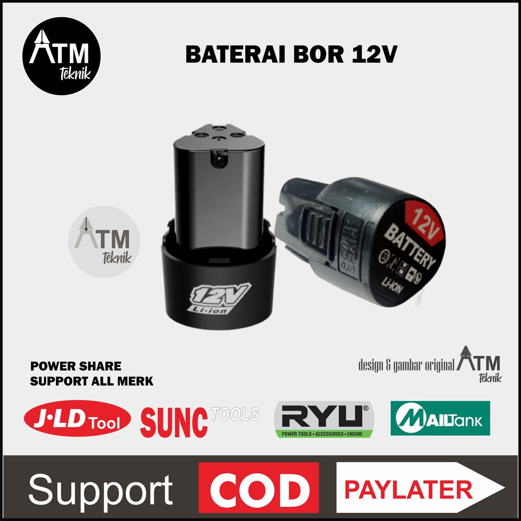 Baterai bor cordless 12v btrai power share bor semua merk bia untuk JLD, Mailtank, Modern, Benz, Uchiha, dll