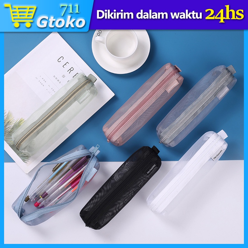 

Tempat Kotak Pensil Jaring Transparan Mesh Zipper Pencil Case Simple Pensil Pouch