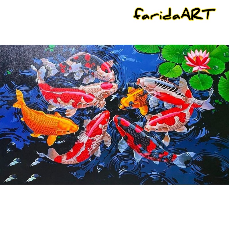 hiasan dinding lukisan cetak ikan koi plus bingkai ukuran 85x55