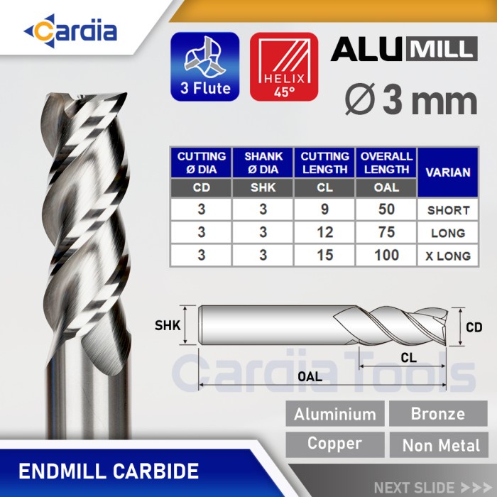 Endmill 3 mm Long 50 | 75 | 100 3 Flute Aluminium End Mill Carbide