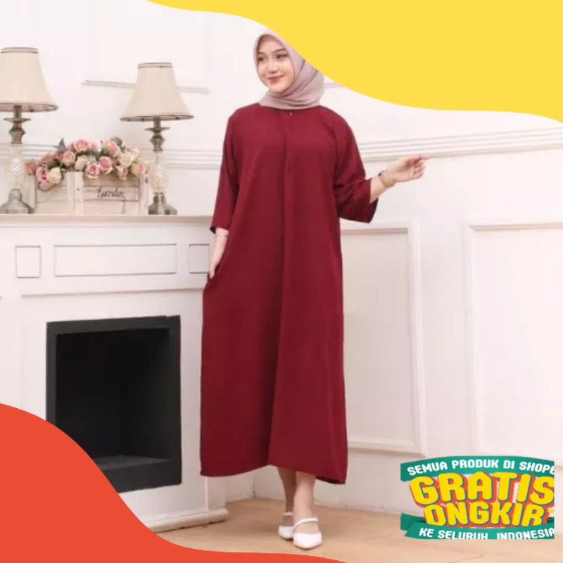 Daster Busui Crinkle Airflow | Gamis Crinkle Airflow Lengan 3/4  Gamis Jumbo Ld 120/ merah marun
