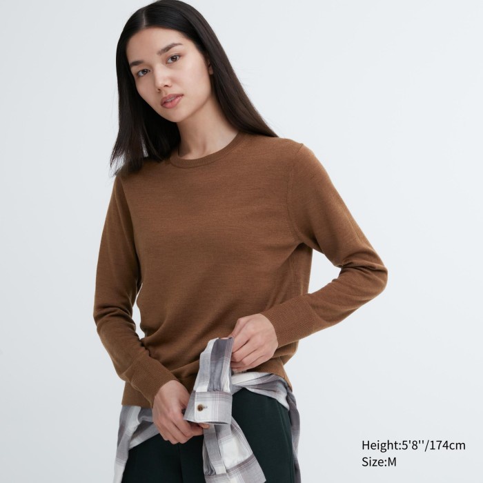 UNIQLO Sweater Extra Fine Merino Kerah Bulat 461036 Wanita S - 35 BROWN
